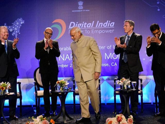 Prime Minister Narendra Modi with Microsoft CEO Satya Nadella (2nd L), John T. Chambers, Executive Chairman of Cisco, Paul E. Jacobs, Executive Chairman of Qualcomm and Google CEO Sundar Pichai (R) during the Digital India and Digital Technology dinner function in San Jose on Saturday. (PTI photo)
