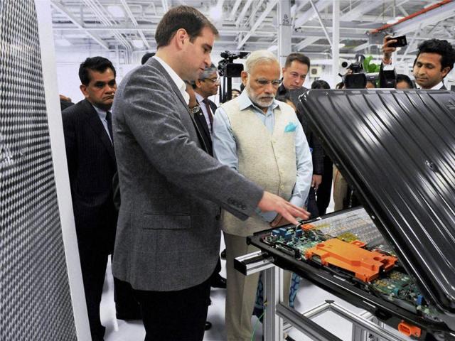 Prime Minister Narendra Modi during a visit of TESLA motors facility in San Jose on Saturday. (PTI) Prime Minister Narendra Modi during a visit of TESLA motors facility in San Jose on Saturday. (PTI)