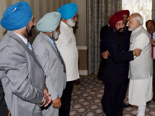 Prime Minister Narendra Modi during a meeting with Sikh community delegation in San Jose on Saturday. (PTI Photo)