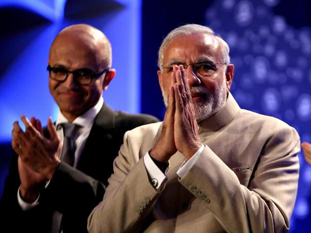 Prime Minister Narendra Modi at the Digital India dinner held at Fairmont Hotel in San Jose on Saturday. (AP Photo)