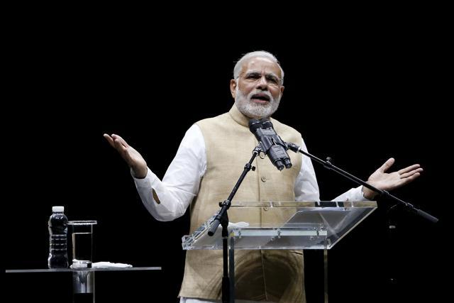 Narendra Modi addresses the crowd during a community reception at SAP Center in San Jose, California. (REUTERS) Narendra Modi addresses the crowd during a community reception at SAP Center in San Jose, California. (REUTERS)