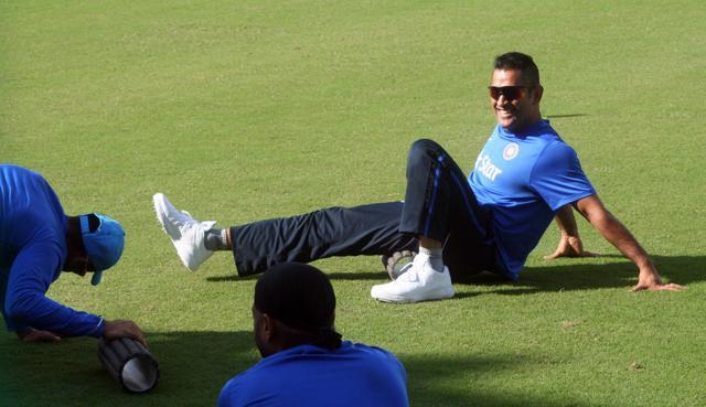 MS Dhoni during a practice session with other Team India players in Dharamsala on Monday. (Shyam Sharma)