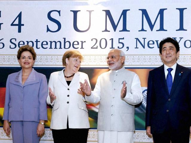 Prime Minister Narendra Modi, German Chancellor Angela Merkel, Brazilian President Dilma Rousseff and Japanese Prime Minister Shinzo Abe at G4 Summit in New York on Saturday. (PTI) Prime Minister Narendra Modi, German Chancellor Angela Merkel, Brazilian President Dilma Rousseff and Japanese Prime Minister Shinzo Abe at G4 Summit in New York on Saturday. (PTI)