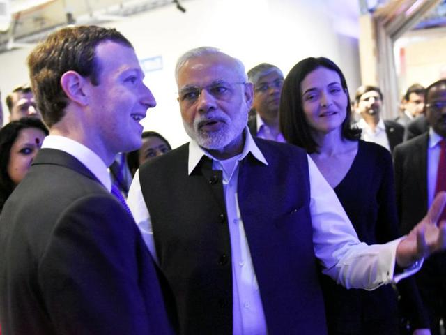 Prime Minister Narendra Modi and Facebook CEO Mark Zuckerberg at the tech giant’s HQ in California. (PTI) Prime Minister Narendra Modi and Facebook CEO Mark Zuckerberg at the tech giant’s HQ in California. (PTI)