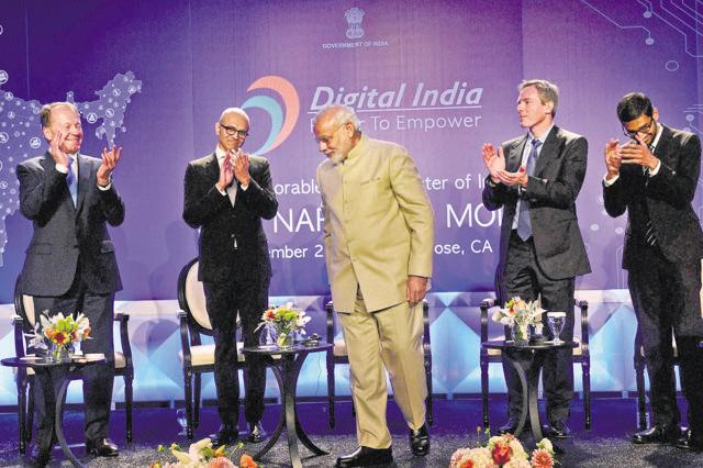 Modi with Microsoft CEO Satya Nadella (2nd L), John T. Chambers, Executive Chairman of Cisco, Paul E. Jacobs, Executive Chairman of Qualcomm and Google CEO Sundar Pichai (R) during the Digital India and Digital Technology dinner function in San Jose on Saturday. (PTI) Modi with Microsoft CEO Satya Nadella (2nd L), John T. Chambers, Executive Chairman of Cisco, Paul E. Jacobs, Executive Chairman of Qualcomm and Google CEO Sundar Pichai (R) during the Digital India and Digital Technology dinner function in San Jose on Saturday. (PTI)