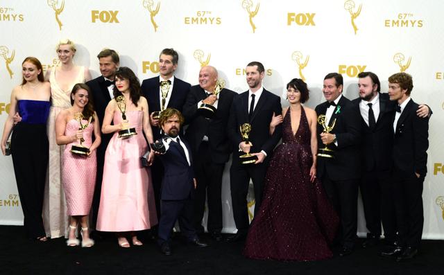 The cast and crew of Game of Thrones pose with their awards including Outstanding Drama Series in the press room during the 67th annual Primetime Emmy Awards held at the Microsoft Theater in Los Angeles, California, USA, 20 September 2015. (EPA) The cast and crew of Game of Thrones pose with their awards including Outstanding Drama Series in the press room during the 67th annual Primetime Emmy Awards held at the Microsoft Theater in Los Angeles, California, USA, 20 September 2015. (EPA)