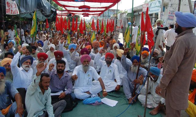 Cotton farmers staging protest in Bathinda on Monday.(HT Photo)