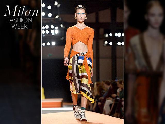 Missoni: Although colors were vibrant , the designer presented a number of sober looks. Motifs were graphic, even geometric with a definite prominence of stripes. Missoni: Although colors were vibrant , the designer presented a number of sober looks. Motifs were graphic, even geometric with a definite prominence of stripes.