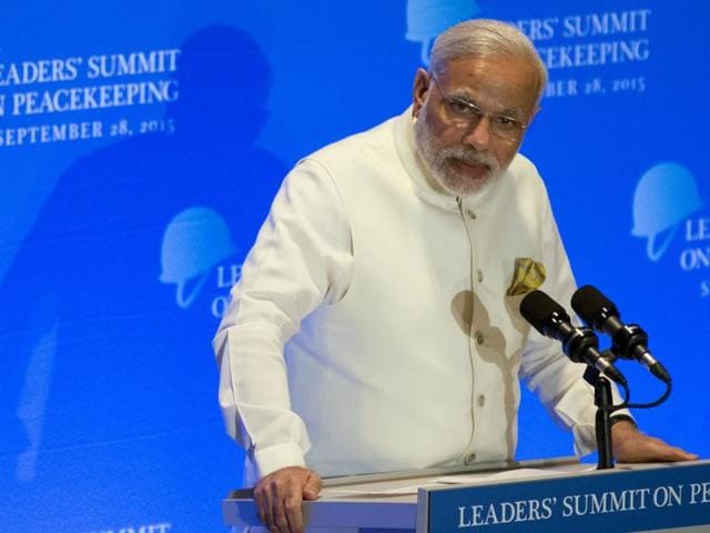 Prime Minister Narendra Modi addresses a summit on peacekeeping to coincide with the United Nations General Assembly at the United Nations in Manhattan, New York. (REUTERS) Prime Minister Narendra Modi addresses a summit on peacekeeping to coincide with the United Nations General Assembly at the United Nations in Manhattan, New York. (REUTERS)