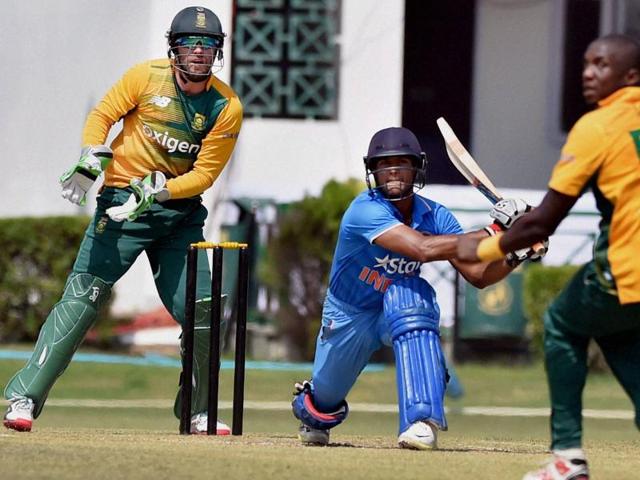 India A batsman Mayank Aggarwal plays a shot against South Africa during the T20 practice match at Sports Complex Air Force Station, Palam, in New Delhi on September 29, 2015. (PTI Photo) India A batsman Mayank Aggarwal plays a shot against South Africa during the T20 practice match at Sports Complex Air Force Station, Palam, in New Delhi on September 29, 2015. (PTI Photo)