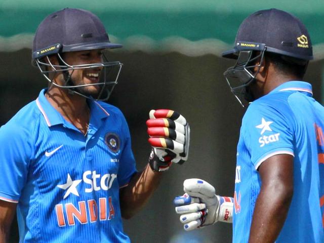 India A player Mayank Agarwal, left, shares a light moment with Sanju Samson during the T20 match vs South Africa at Palam Air Force ground, in New Delhi, on September 29, 2015. ((Sanjeev Verma/HT Photo)) India A player Mayank Agarwal, left, shares a light moment with Sanju Samson during the T20 match vs South Africa at Palam Air Force ground, in New Delhi, on September 29, 2015. ((Sanjeev Verma/HT Photo))