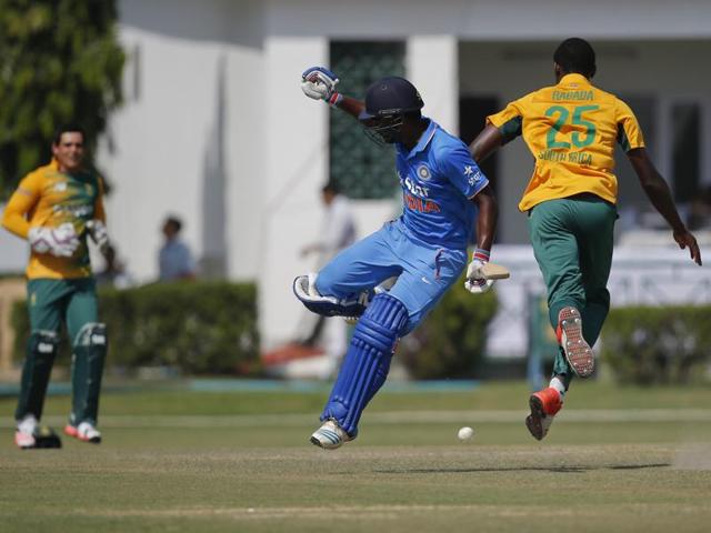 South Africa's Kagiso Rabada, right, rushes to field as Sanju Samson runs after playing a shot. (AP Photo) South Africa's Kagiso Rabada, right, rushes to field as Sanju Samson runs after playing a shot. (AP Photo)