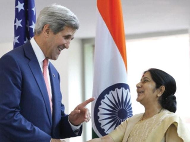 External Affairs Minister Sushma Swaraj with US Secretary of State John Kerry in Washington in July 2014. (HT File Photo) External Affairs Minister Sushma Swaraj with US Secretary of State John Kerry in Washington in July 2014. (HT File Photo)