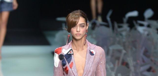 Rather long, the fringe was swept to the side at Giorgio Armani. Almost every model was styled this way. (AFP) Rather long, the fringe was swept to the side at Giorgio Armani. Almost every model was styled this way. (AFP)