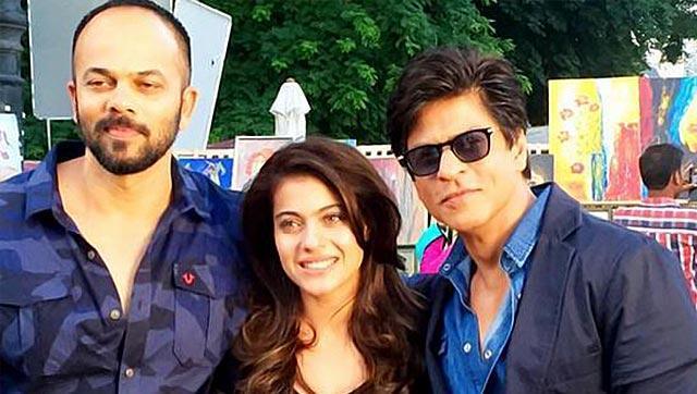 Shah Rukh Khan, Kajol and filmmaker Rohit Shetty on the sets of Dilwale. (TWITTER)