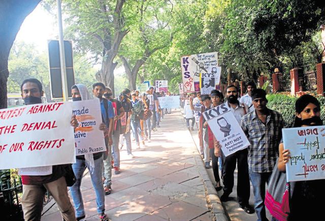 College of Art students have been protesting for over three weeks at their campus. (HT photo) College of Art students have been protesting for over three weeks at their campus. (HT photo)