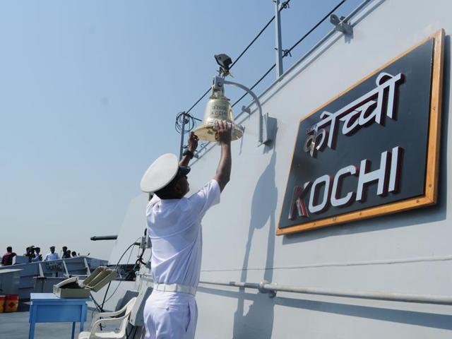 Designed by the Directorate of Naval Design, the warship is christened after the port city of Kochi. (HT Photo)