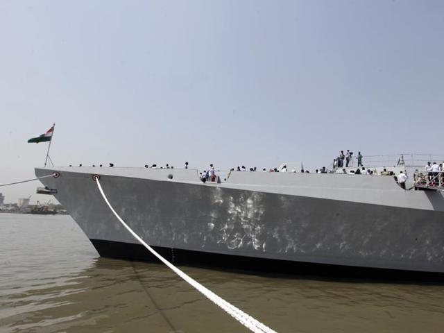 Visitors aboard INS Kochi during its commissioning ceremony in Mumbai. (Kunal Patil/HT Photo)