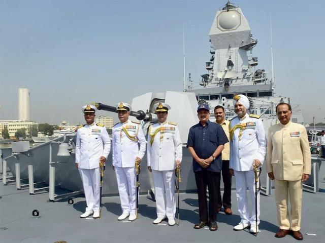 Union Defence Minister Manohar Parrikar, R K Dhowan (3rd from L), Chief of Naval Staff, S P S Cheema (5th from L), Commanding in Chief, Western Naval Command along with other officers during the commissioning of naval warship INS Kochi in Mumbai . (PTI) Union Defence Minister Manohar Parrikar, R K Dhowan (3rd from L), Chief of Naval Staff, S P S Cheema (5th from L), Commanding in Chief, Western Naval Command along with other officers during the commissioning of naval warship INS Kochi in Mumbai . (PTI)