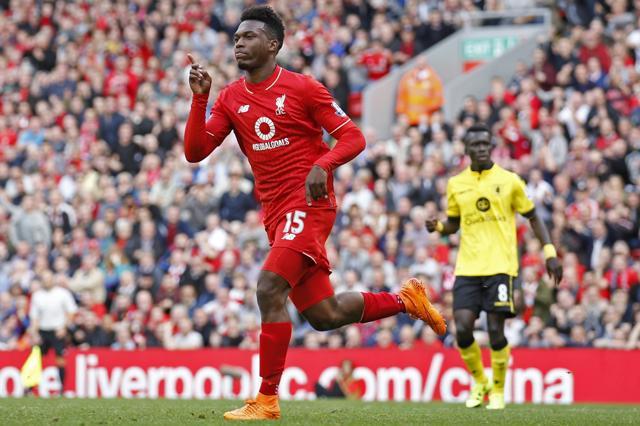 Liverpool's Daniel Sturridge celebrates scoring the team’s third goal against Aston Villa. (Reuters Photo)