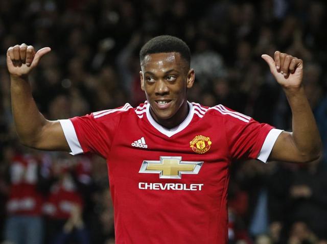 Manchester United’s Anthony Martial celebrates after scoring the third goal for United against Ipswich Town in the League Cup third round at Old Trafford, on September 23, 2015.(Reuters Photo)