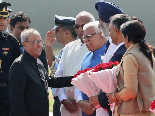 President Pranab Mukherjee being received by Haryana CM Manohar Lal Khattar on his arrival at the airport in Chandigarh. (PTI) President Pranab Mukherjee being received by Haryana CM Manohar Lal Khattar on his arrival at the airport in Chandigarh. (PTI)