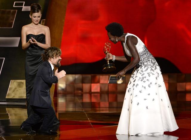 Viola Davis, right, presents Peter Dinklage the award for outstanding supporting actor in a drama series for Game of Thrones at the 67th Primetime Emmy Awards. (AP Photo) Viola Davis, right, presents Peter Dinklage the award for outstanding supporting actor in a drama series for Game of Thrones at the 67th Primetime Emmy Awards. (AP Photo)