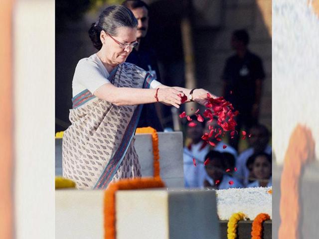 Congress president Sonia Gandhi pays tribute at Mahatma Gandhi’s memorial, Rajghat, on the occasion of his birth anniversary, in New Delhi. (PTI Photo) 