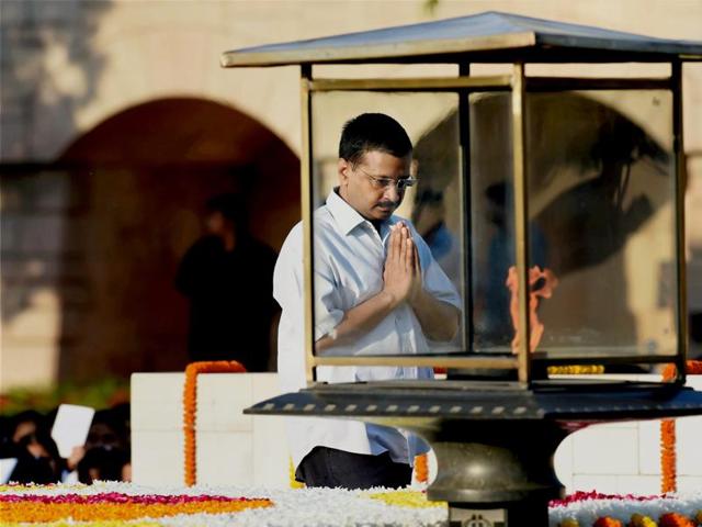 Delhi chief minister Arvind Kejriwal was among the scores of political leaders who visited Rajghat to pay their tributes to the ‘Father of the Nation’ on Gandhi Jayanti. (PTI Photo) 