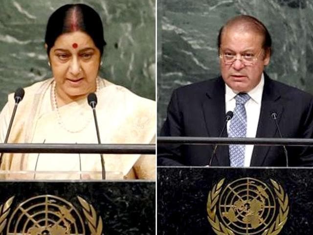 Combination photo of India’s external affairs minister Sushma Swaraj and Pakistan PM Nawaz Sharif at the UN. Combination photo of India’s external affairs minister Sushma Swaraj and Pakistan PM Nawaz Sharif at the UN.