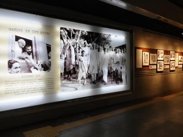 Photographs of Mahatma Gandhi are on display during an exhibition at the Jor Bagh metro station in New Delhi, India. The images are archives of Kulwant Roy, put together by India Photo Archive Foundation.  (Saumya Khandelwal/ HT Photo) 