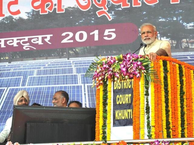 Prime Minister Narendra Modi speaks during the opening of a solar power plant for Khunti district court in Jharkhand. (AFP) Prime Minister Narendra Modi speaks during the opening of a solar power plant for Khunti district court in Jharkhand. (AFP)