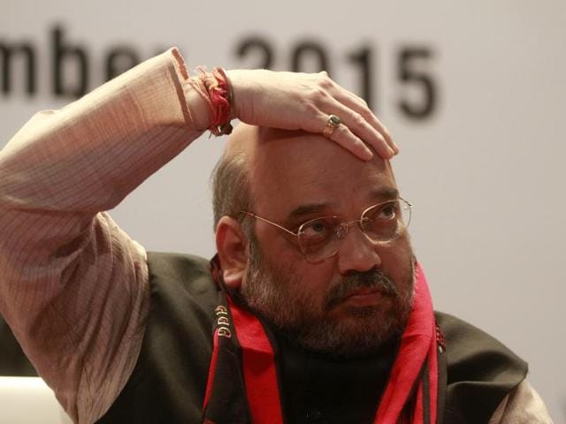 BJP president Amit Shah with HAM(S) chief Jitan Ram Manjhi and LJP President Ram Vilas Paswan RLSP leader Upendra Kushwaha and others Leaders during a press conference regarding Bihar elections in New Delhi. (Hindustan Times) BJP president Amit Shah with HAM(S) chief Jitan Ram Manjhi and LJP President Ram Vilas Paswan RLSP leader Upendra Kushwaha and others Leaders during a press conference regarding Bihar elections in New Delhi. (Hindustan Times)