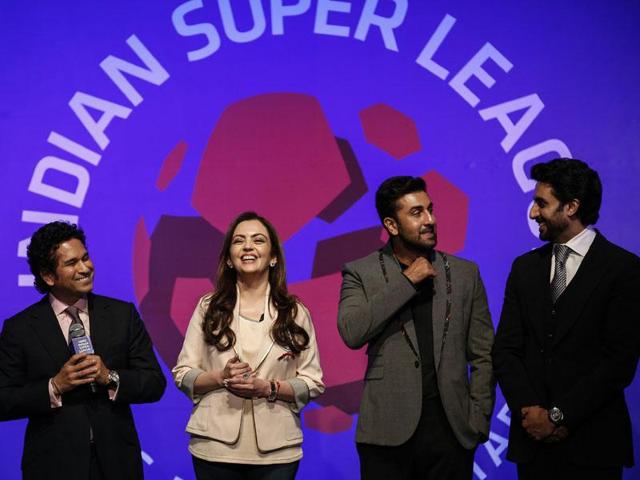 Bollywood actors and co-owners of football clubs, Abhishek Bachhan and Ranbir Kapoor, Nita Ambani, businesswoman and promoter of the ISL, and retired cricketer and co-owner of the Kerala Blasters Sachin Tendulkar at the emblem-unveiling ceremony of Indian Super League on August 28, 2014. (File Photo) Bollywood actors and co-owners of football clubs, Abhishek Bachhan and Ranbir Kapoor, Nita Ambani, businesswoman and promoter of the ISL, and retired cricketer and co-owner of the Kerala Blasters Sachin Tendulkar at the emblem-unveiling ceremony of Indian Super League on August 28, 2014. (File Photo)
