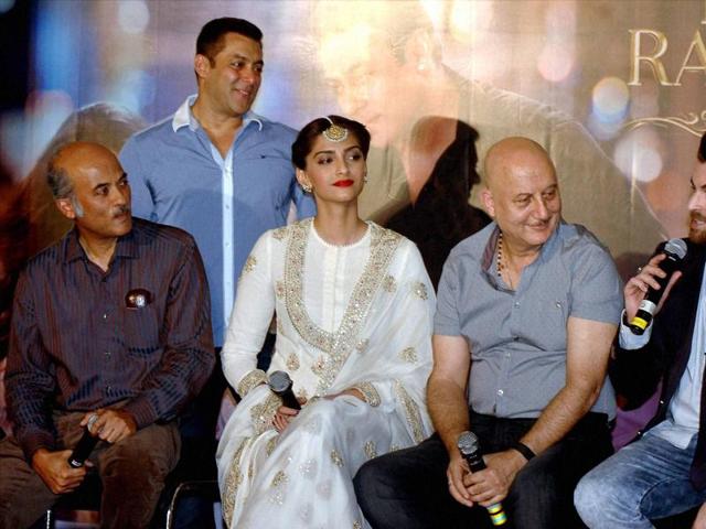 Salman Khan, Sonam Kapoor, Anupam Kher and director Sooraj Badjatya look on as Neil Nitin Mukesh speaks during the trailer launch of Prem Ratan Dhan Payo. (PTI) Salman Khan, Sonam Kapoor, Anupam Kher and director Sooraj Badjatya look on as Neil Nitin Mukesh speaks during the trailer launch of Prem Ratan Dhan Payo. (PTI)