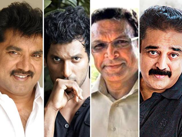 (From left to right) Sarath Kumar, Vishal, Nasser and Kamal Haasan. The elections to the powerful film and theatre artist’s body of South India, Nadigar Sangham, this year will see a clash between actors Sarath Kumar and Vishal.