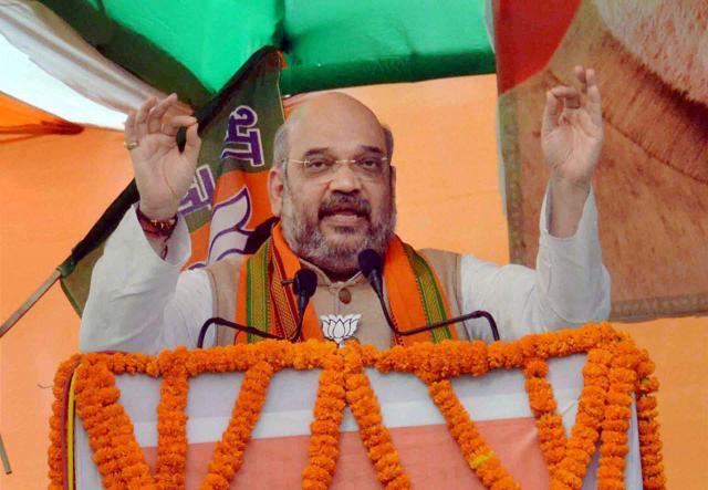BJP president Amit Shah addresses a rally in Patna on Saturday.(PTI Photo)
