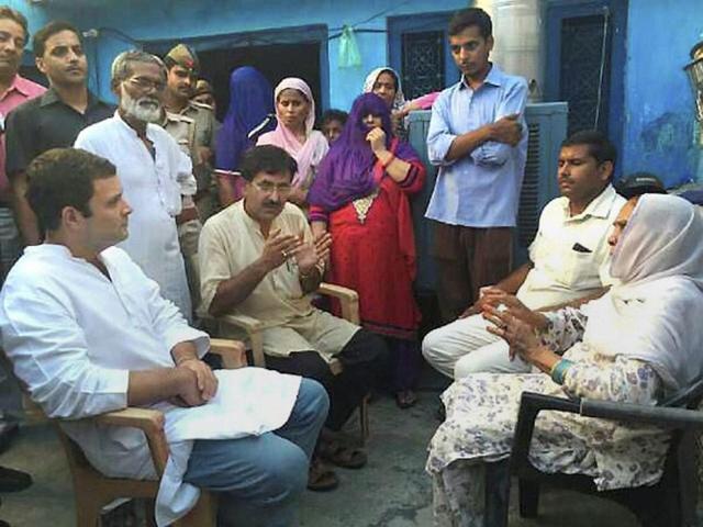 Congress vice president Rahul Gandhi meeting the family of Mohd Ikhlaq, who was lynched by a mob recently, at Bisara village in Dadri on Saturday. (PTI) Congress vice president Rahul Gandhi meeting the family of Mohd Ikhlaq, who was lynched by a mob recently, at Bisara village in Dadri on Saturday. (PTI)