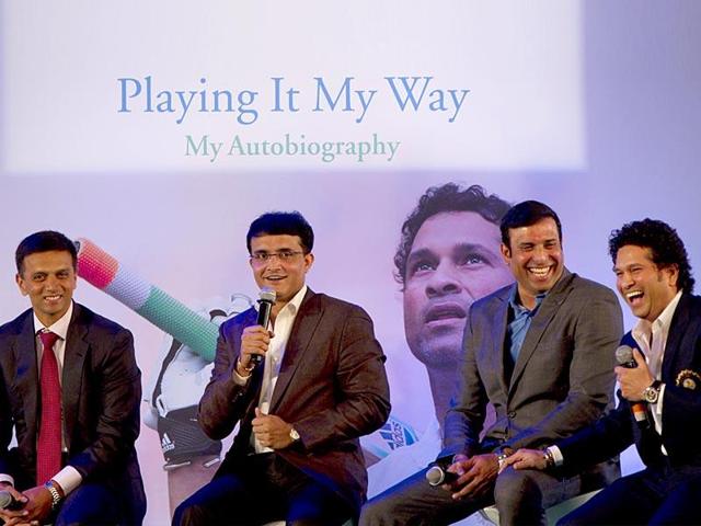 Cricket legend Sachin Tendulkar with three other greats of the game -- Sourav Ganguly, Rahul Dravid and VVS Laxman -- at the launch of his autobiography 'Playing It My Way', in Mumbai.(Satish Bate/HT File Photo)