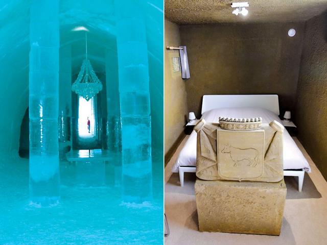 Combination photo of an ice hotel in Sweden and the sandcastle in Oss, Netherlands. Combination photo of an ice hotel in Sweden and the sandcastle in Oss, Netherlands.