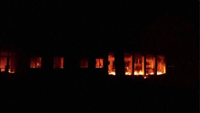The MSF trauma centre is seen in flames after explosions near their hospital, in the northern Afghan city of Kunduz. (AP Photo) The MSF trauma centre is seen in flames after explosions near their hospital, in the northern Afghan city of Kunduz. (AP Photo)