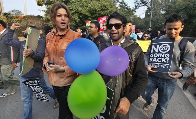LGBT activists protest against Supreme Court's judgment on Section 377 that upheld section 377 of the Indian Penal Code that criminalizes homosexuality during “WE THE PEOPLE, RECLAIM THE REPUBLIC” A Republic day March at Jantar Mantar on December 15, 2013 in New Delhi. (Photograph by Raj k Raj/ Hindustan Times) LGBT activists protest against Supreme Court's judgment on Section 377 that upheld section 377 of the Indian Penal Code that criminalizes homosexuality during “WE THE PEOPLE, RECLAIM THE REPUBLIC” A Republic day March at Jantar Mantar on December 15, 2013 in New Delhi. (Photograph by Raj k Raj/ Hindustan Times)