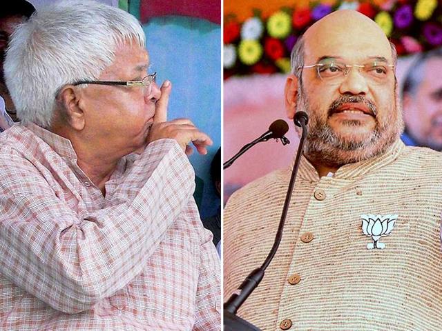 FIRs were lodged against RJD chief Lalu Prasad (R) and BJP president Amit Shah (L) on Tuesday ahead of the Bihar assembly polls. (File Photos) FIRs were lodged against RJD chief Lalu Prasad (R) and BJP president Amit Shah (L) on Tuesday ahead of the Bihar assembly polls. (File Photos)