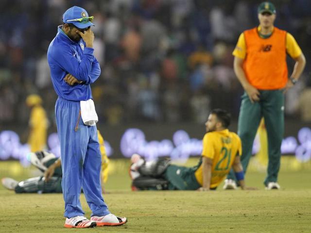 India were bowled out for 92, their second-lowest T20 score. Upset fans threw bottles on the field, leading to almost an hour-long disruption. (Agencies) India were bowled out for 92, their second-lowest T20 score. Upset fans threw bottles on the field, leading to almost an hour-long disruption. (Agencies)