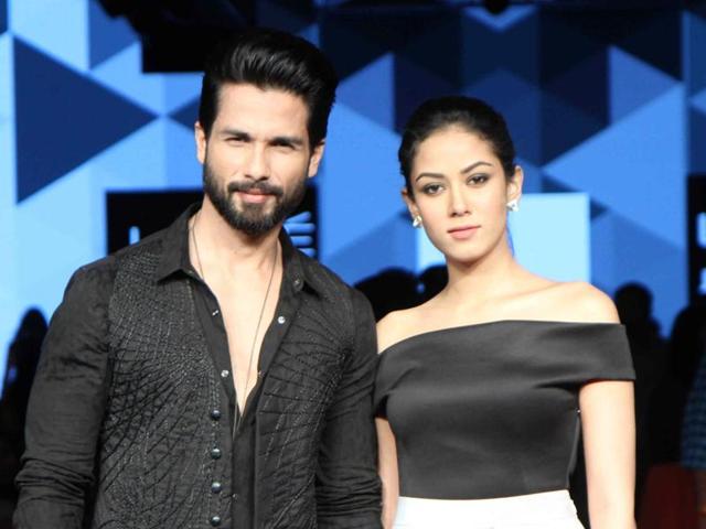 Shahid Kapoor with wife Meera Rajput displays Masaba Gupta collection during the Lakme Fashion Week Winter Festival.(IANS)