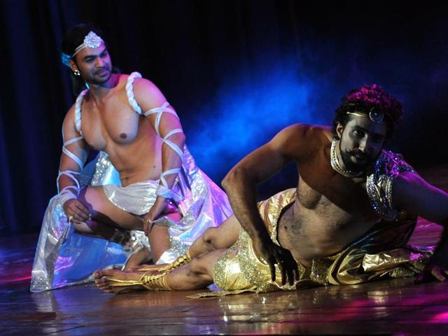 Yuvraj Parashar and Mithun Purandare perform in Hyacinth, a dance drama with a same sex love plot, in Mumbai. (AFP)