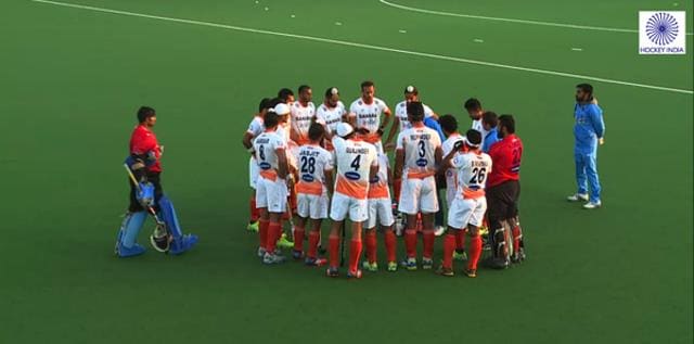 Team India huddles up during the match. (Photo: Hockey India Twitter handle @TheHockeyIndia) Team India huddles up during the match. (Photo: Hockey India Twitter handle @TheHockeyIndia)