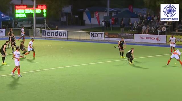 India in action against New Zealand during the early stages of the second half. (Photo: Hockey India Twitter handle @TheHockeyIndia) India in action against New Zealand during the early stages of the second half. (Photo: Hockey India Twitter handle @TheHockeyIndia)