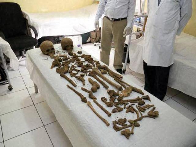 In this image provided by the Afghan Presidential Palace, parts of two human skeletons are seen that were found in the vicinity of Palace No. 1 in the presidential palace compound (AP) In this image provided by the Afghan Presidential Palace, parts of two human skeletons are seen that were found in the vicinity of Palace No. 1 in the presidential palace compound (AP)