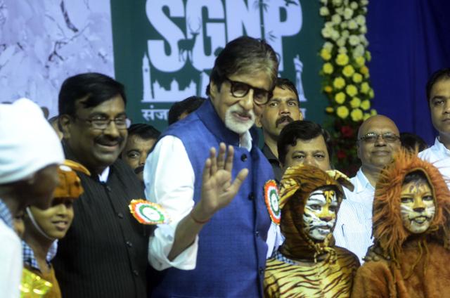 Maharashtra`s ‘Tiger ambassador’ Amitabh Bachchan during the inauguration of two new safari buses at the Sanjay Gandhi National Park in Mumbai. (IANS PHOTO)